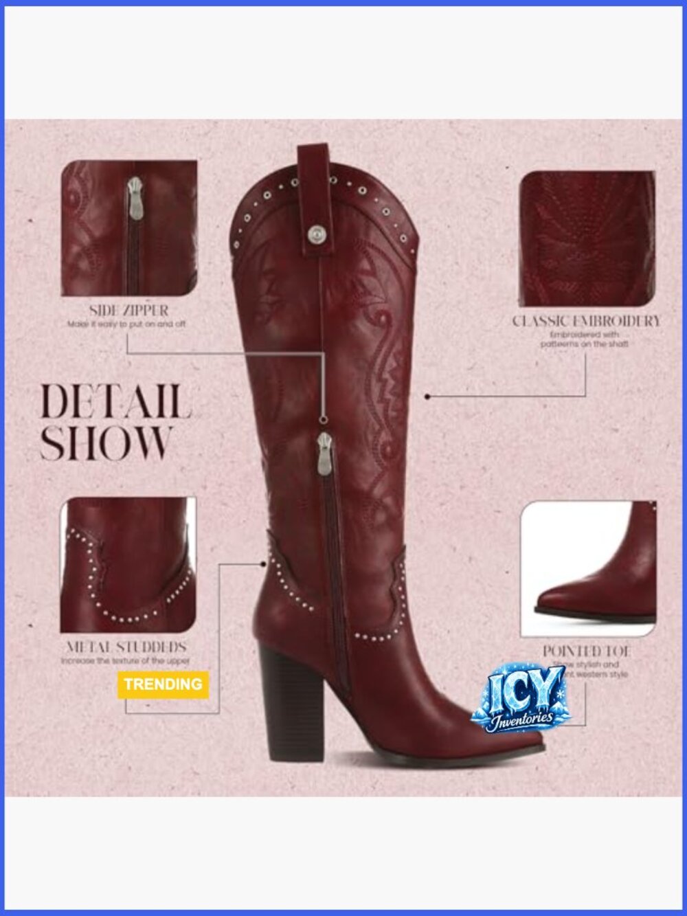 Knee High Cowboy Boots Pointed Toe Chunky Heel Pull-on Embroidered Wide Calf - Picture 5 of 7